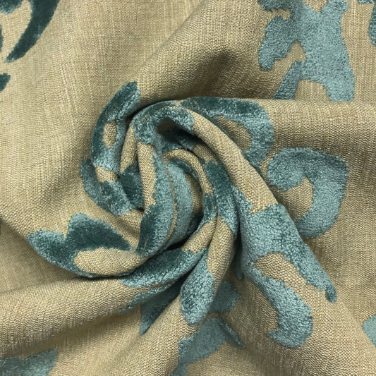 1.5 Yards Blue Velvet Pattern on Tan Woven