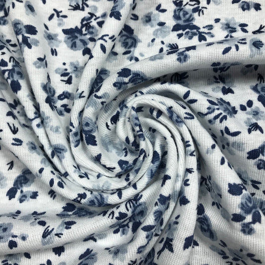 1.75 Yards Blue Floral Printed White Micro Rib Jersey Knit