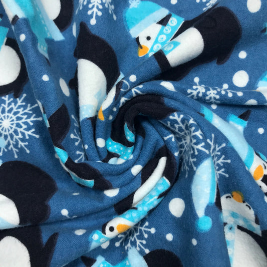 3/4 Yard Penguins and Snowflakes on Slate Blue Printed Cotton Flannel Remnant