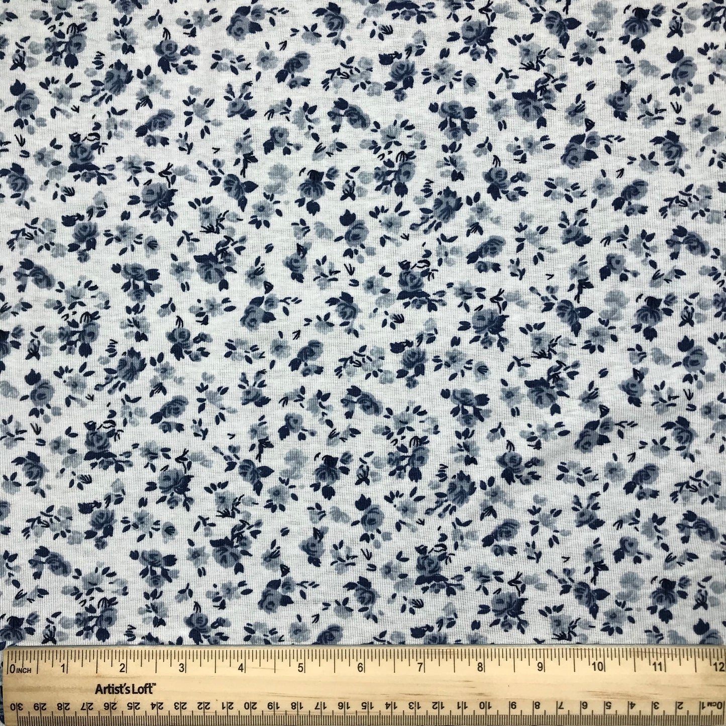 1.75 Yards Blue Floral Printed White Micro Rib Jersey Knit