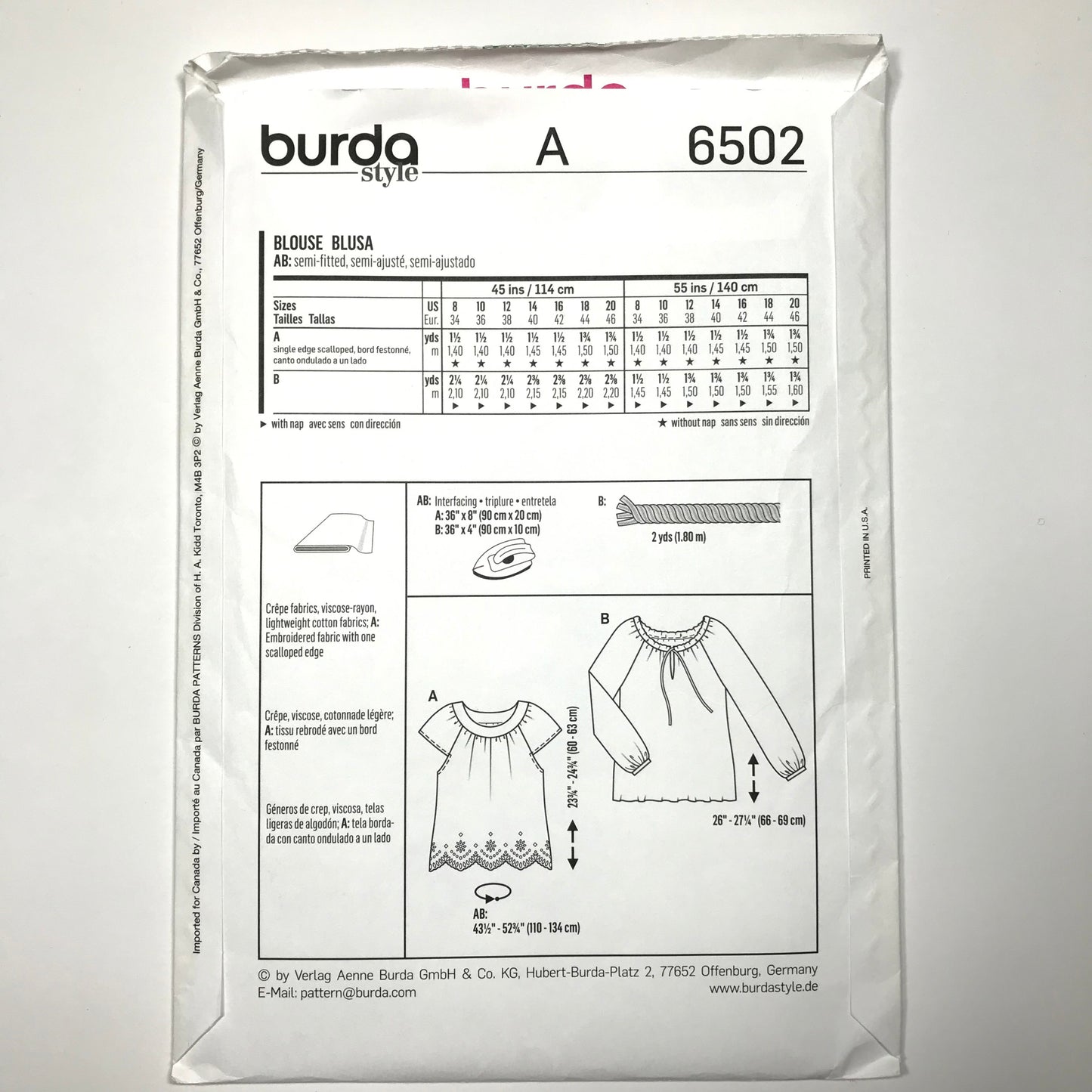 Burda Style Blouse Pattern #6502 Size 8-10-12-14-16-18-20