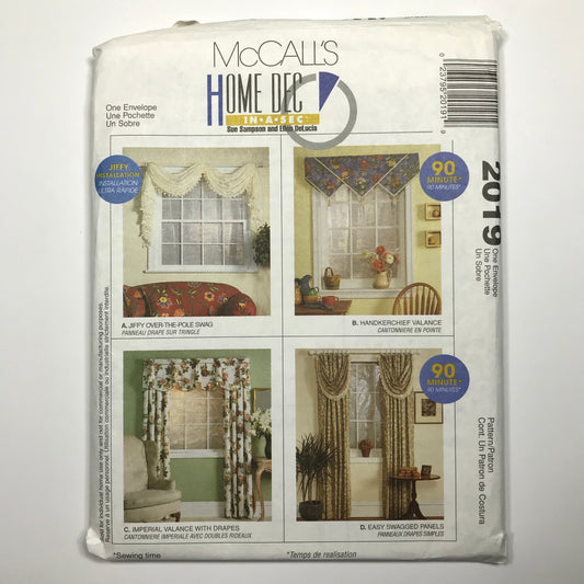 McCall's Home Dec In-A-Sec Sue Sampson Jiffy Over-The-Pole Swag, Handkerchief Valance, Imperial Valance with Drapes and Easy Swag Panels Pattern #2019