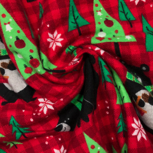 1/4 Yard Bears and Christmas Trees on Red Gingham Printed Flannel Remnant