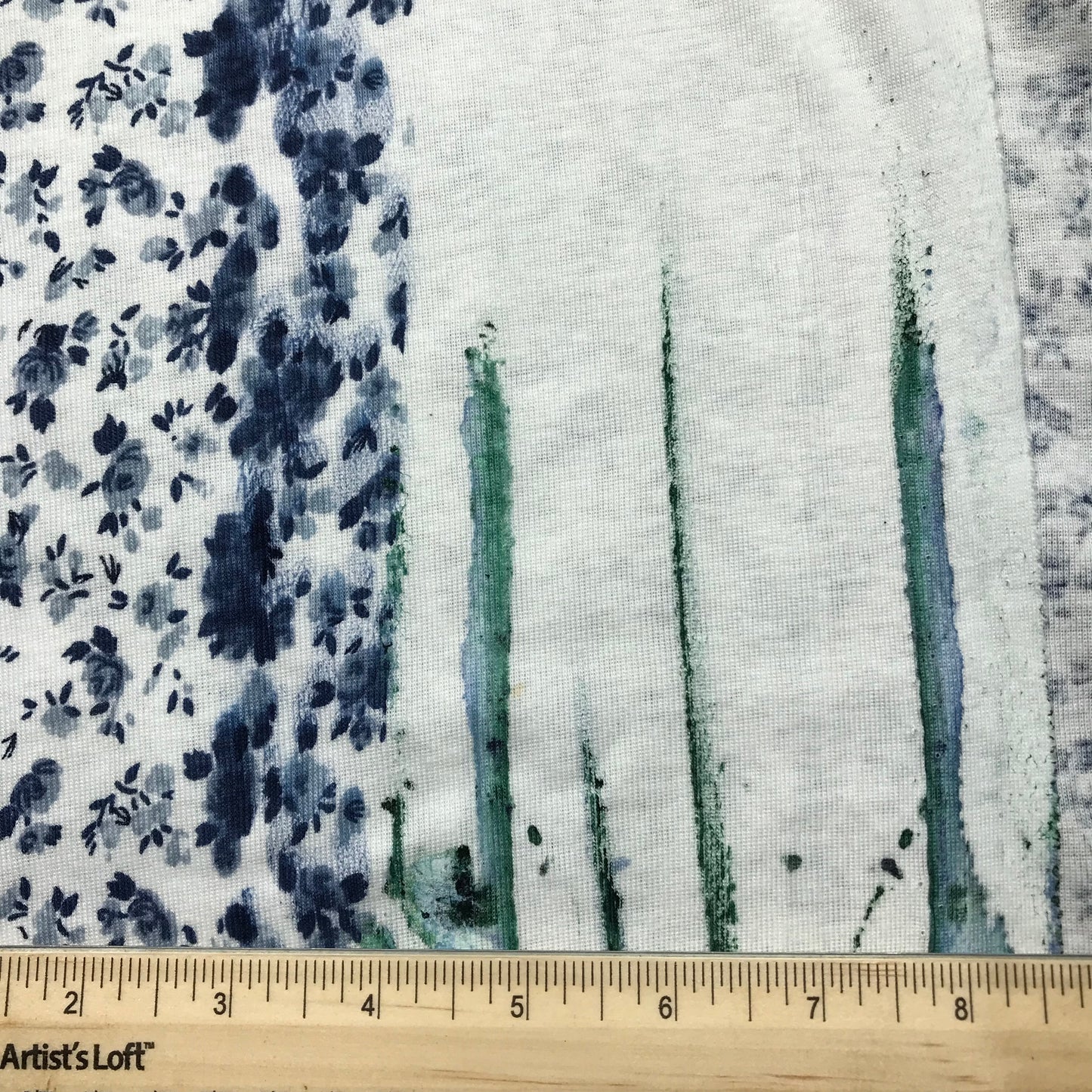 1.75 Yards Blue Floral Printed White Micro Rib Jersey Knit