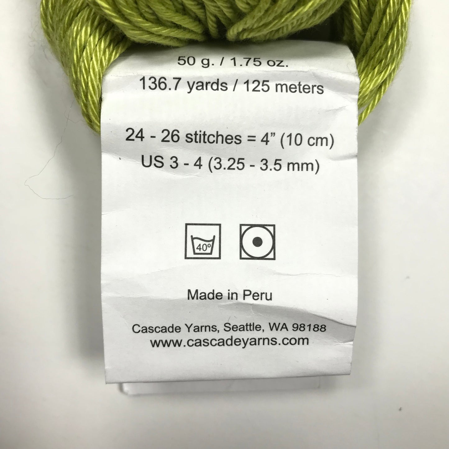 2 Ounces Lime Green Cascade Yarns Ultrapima Fine Cotton Yarn Skein