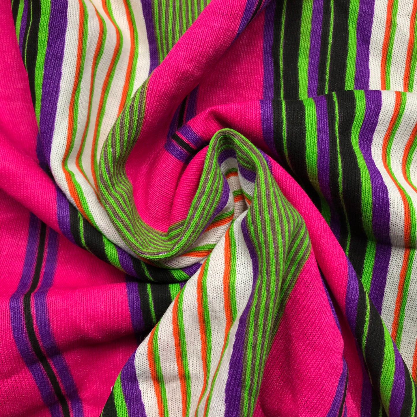 Bright Pink Multicolor Stripes Printed Jersey Knit By-The-Yard