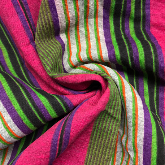 Bright Pink Multicolor Stripes Printed Brushed Back Knit By-The-Yard