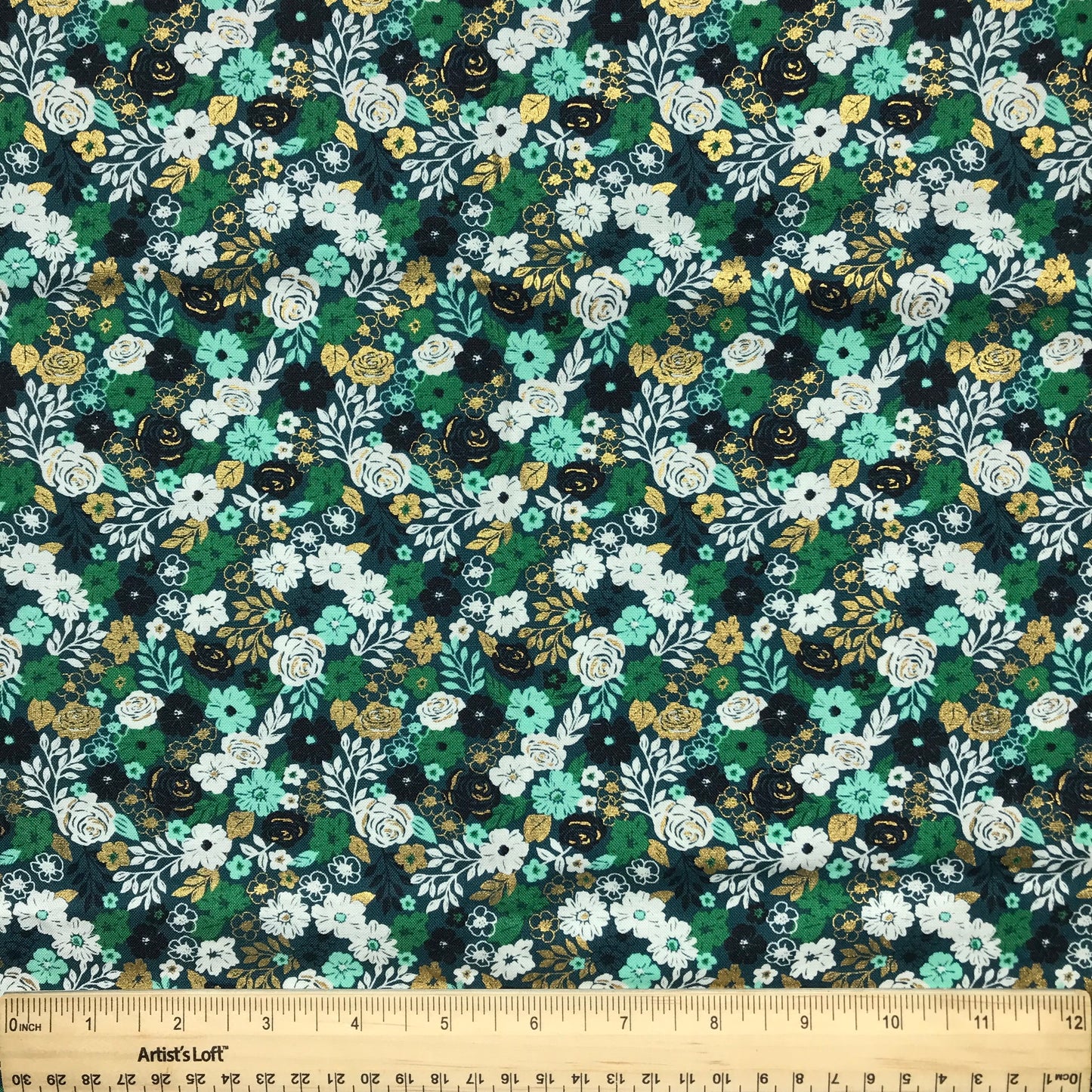 1/2 Yard Green and Gold Floral Metallic Printed Quilting Cotton Remnant