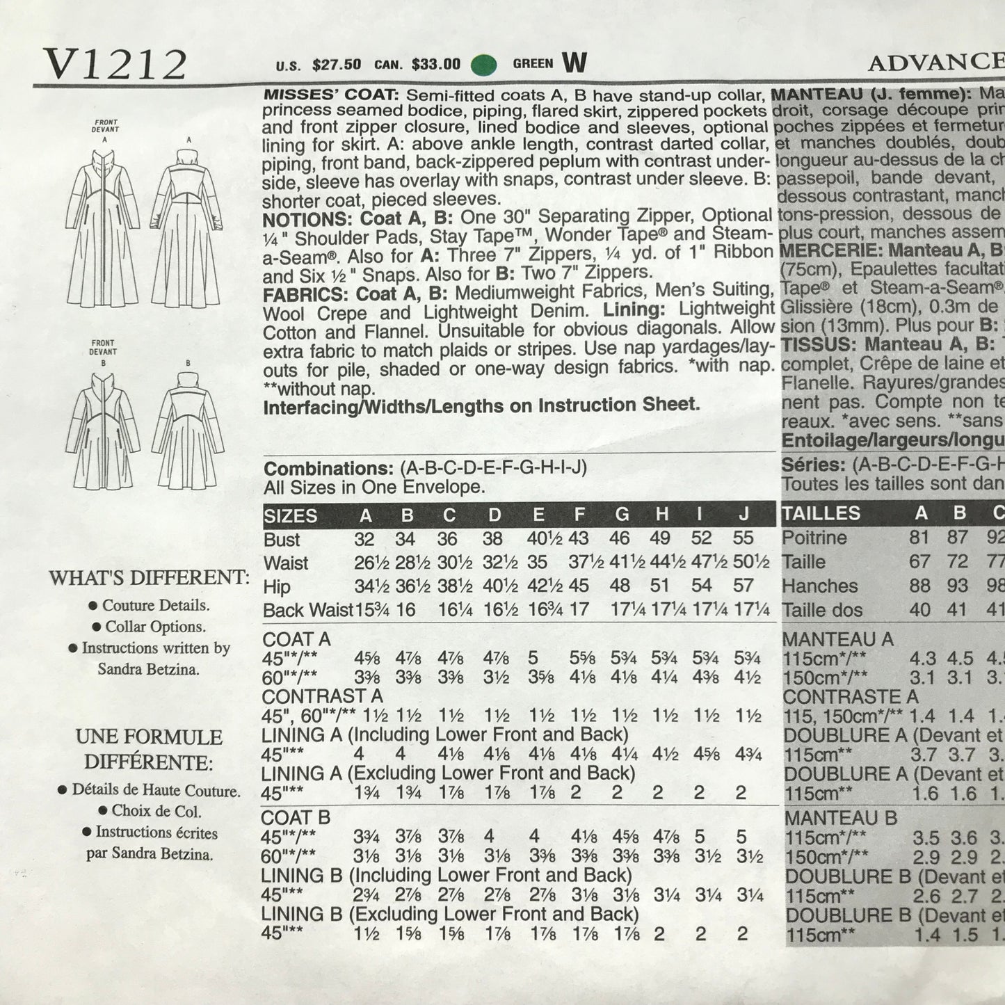 Vogue Patterns Today's Fit By Sandra Betzina Misses' Coat Pattern #V1212 One Size