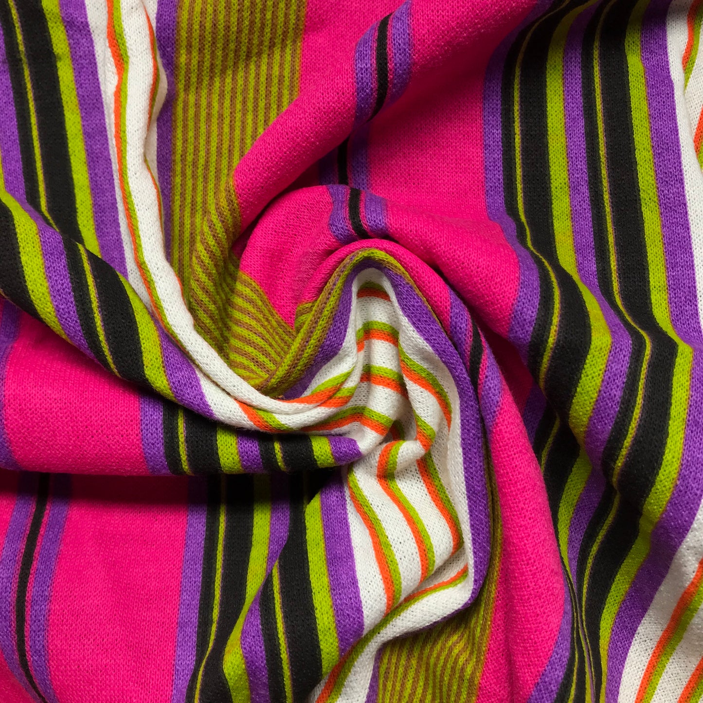 Bright Pink Multicolor Stripes Printed Terry-Backed Knit By-The-Yard